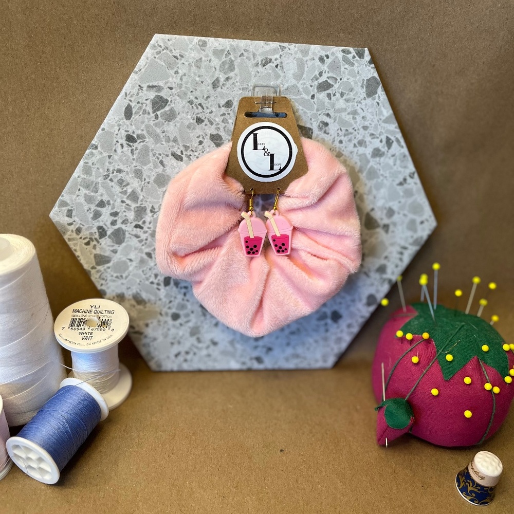 Handmade Pink Velour Scrunchie with BobaTea Earrings